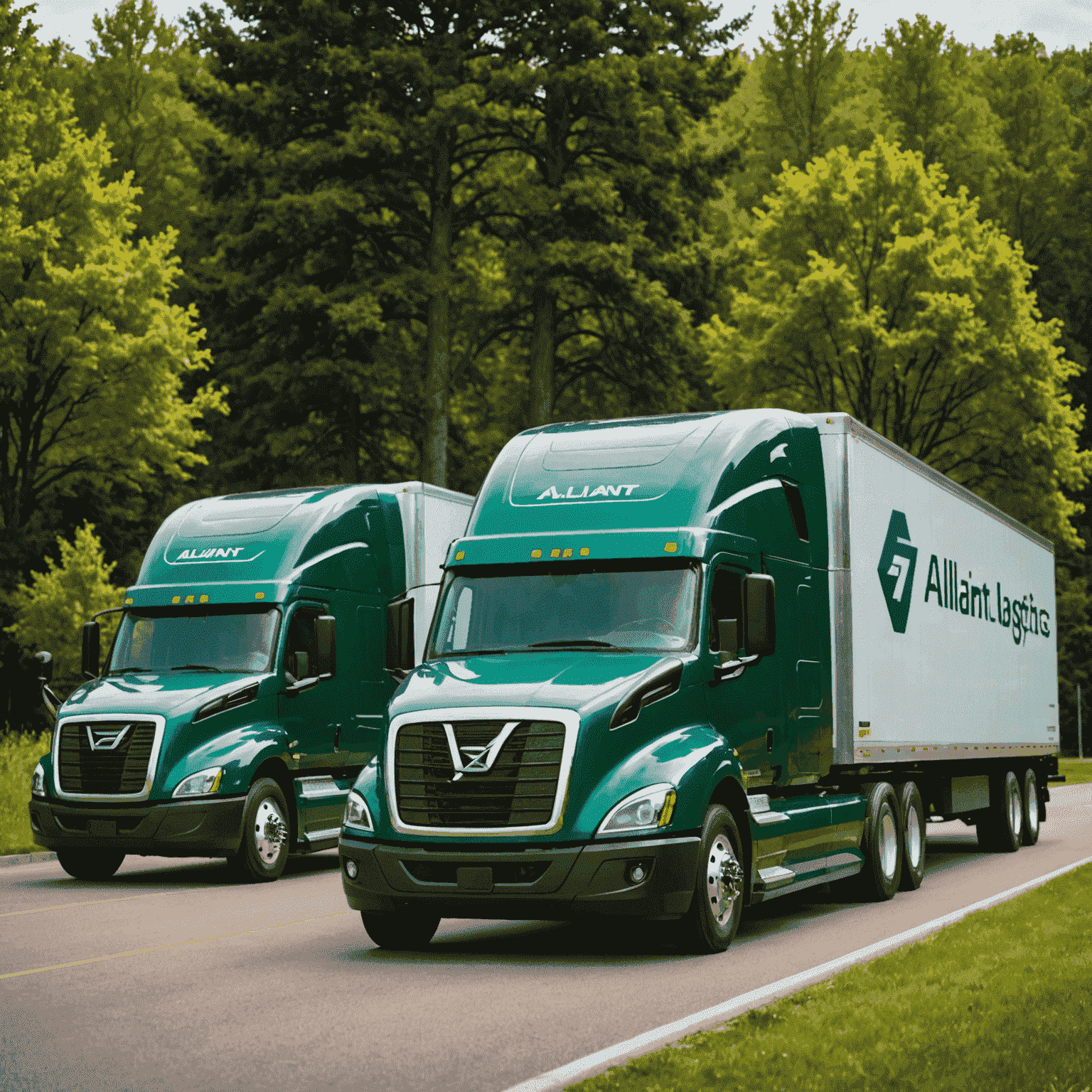 A line of sleek, modern electric trucks in Alliant Logistics branding, showcasing the company's new eco-friendly fleet. The trucks are parked in front of a green, natural backdrop, emphasizing the environmental focus.