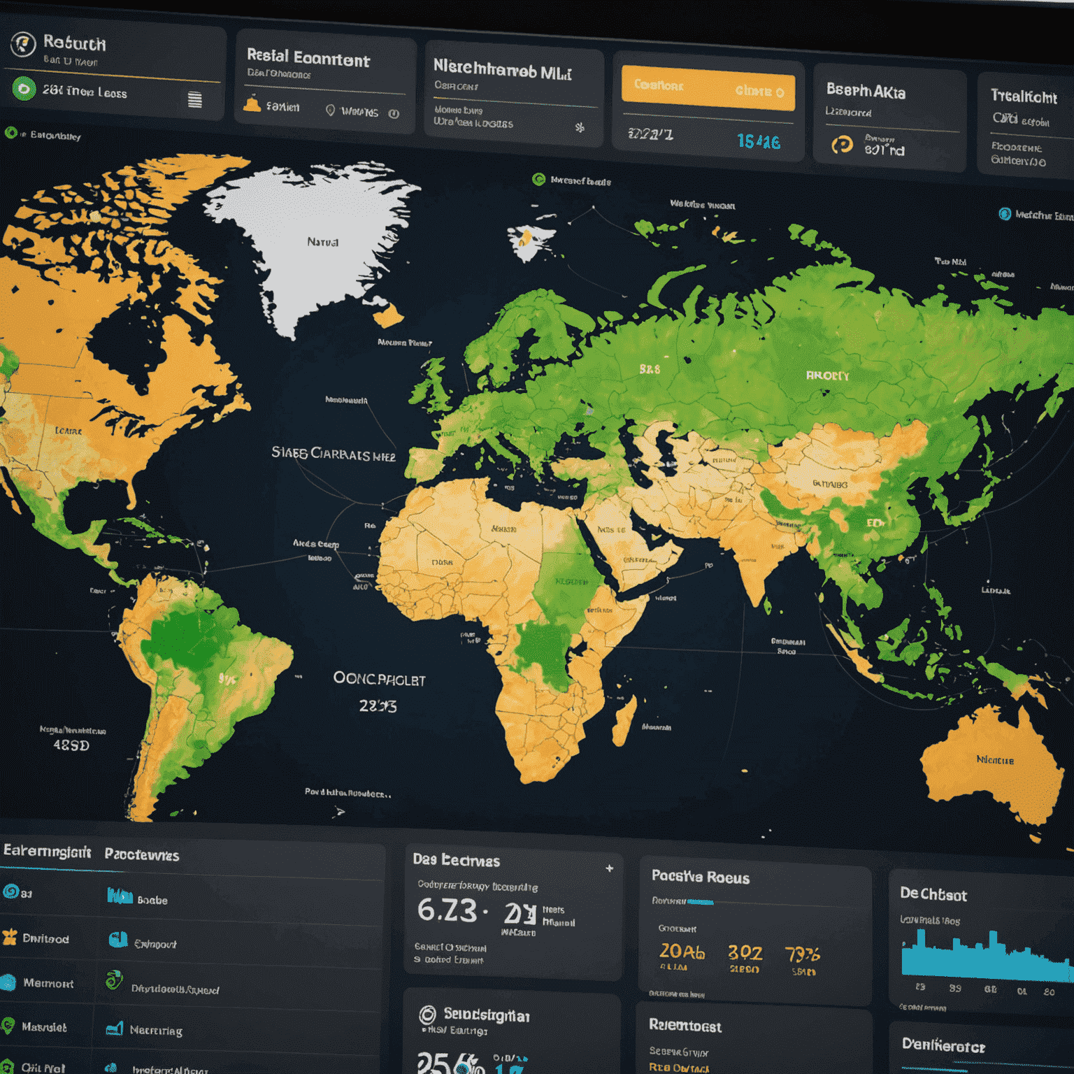 AI-powered tracking system dashboard showing real-time shipment locations on a world map, with data analytics graphs and predictive models