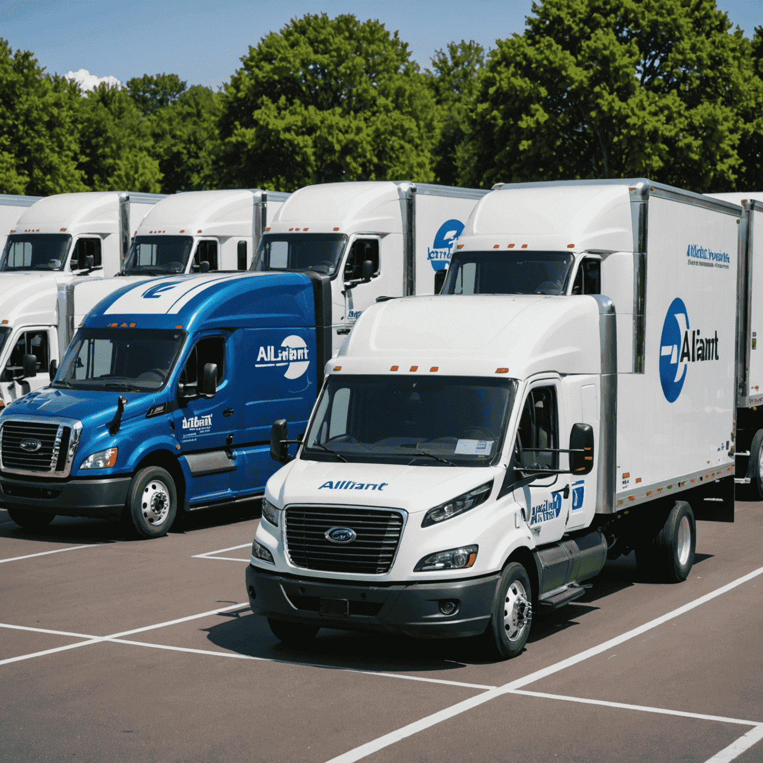 A fleet of modern electric trucks with Alliant Logistics branding, showcasing the company's commitment to eco-friendly transportation