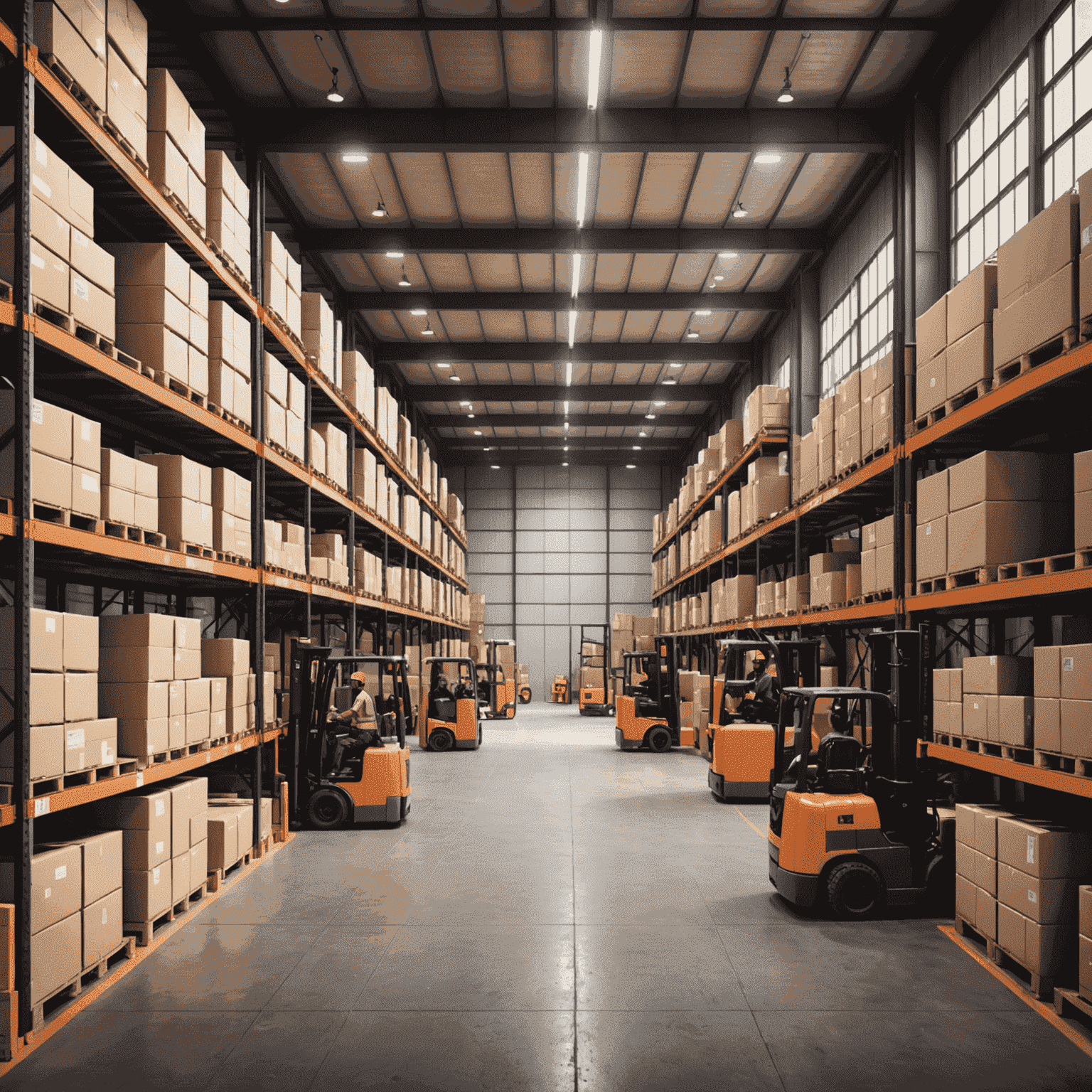 Modern warehouse interior with organized shelves, forklifts, and workers managing inventory